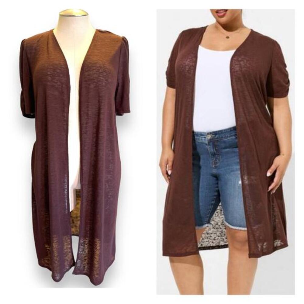 Torrid 3 (3X 22/24) Brown Slub Ruched Short Sleeve Open Front Duster Kimono‎ Top